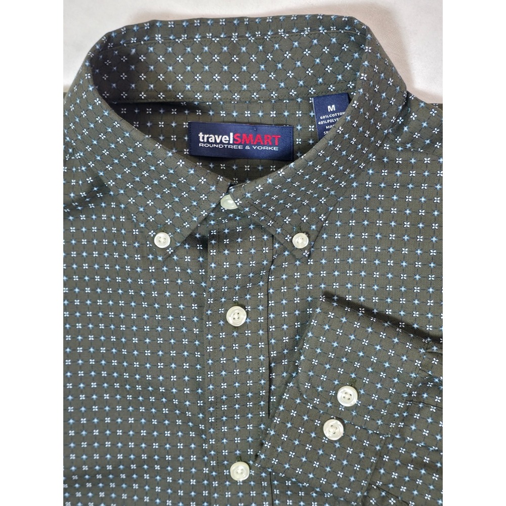 Roundtree & Yorke TravelSmart Green Geometric Print Mens Button Down Shirt sz. M